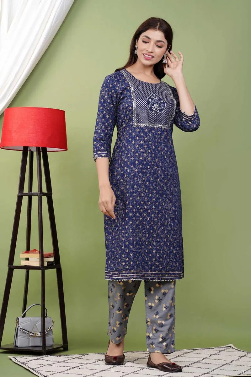 Rayon Embroidered Kurti with Pant Set for Women