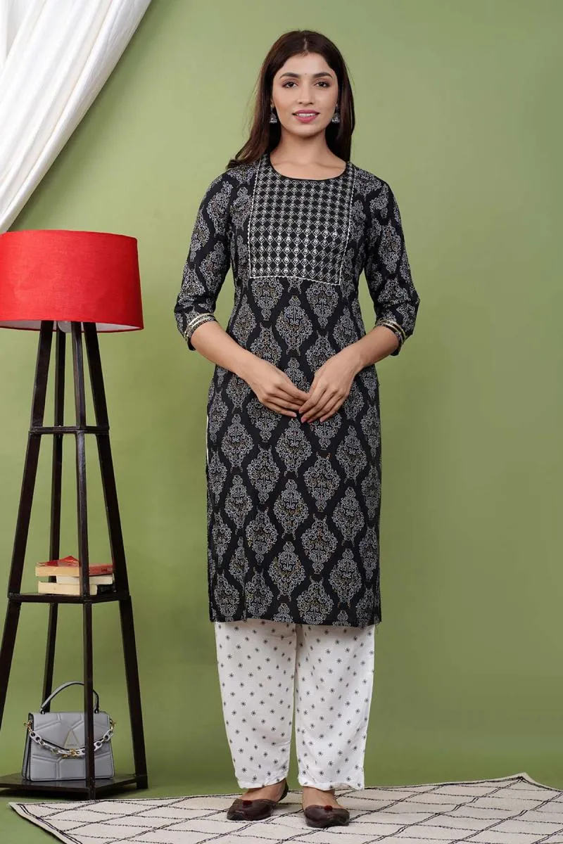 Rayon Printed Kurta with Pant Set for Women 