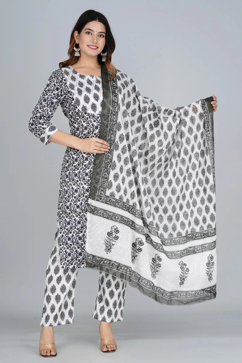 Cotton Printed Kurti with Palazzo & Dupatta Set for Women