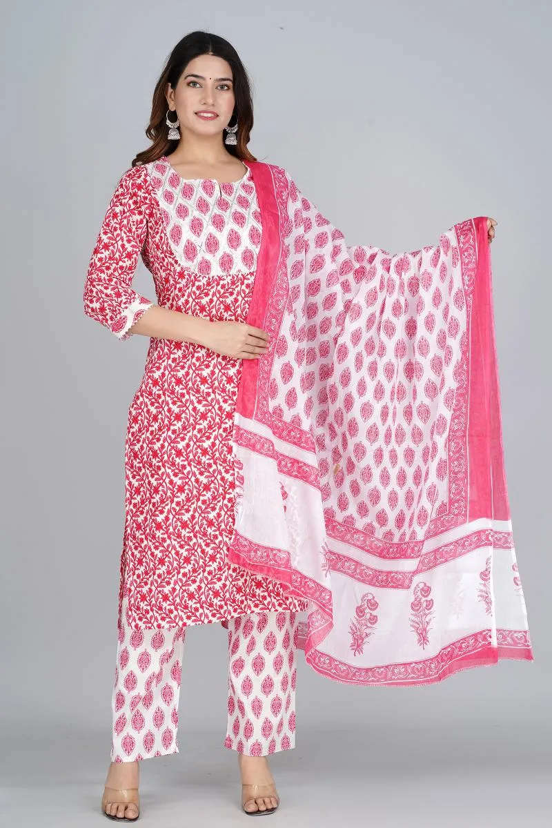 Cotton Printed Kurti with Palazzo & Dupatta Set for Women