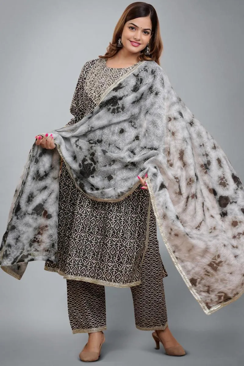 Cotton Embroidered Kurti with Palazzo & Dupatta Set for Women 