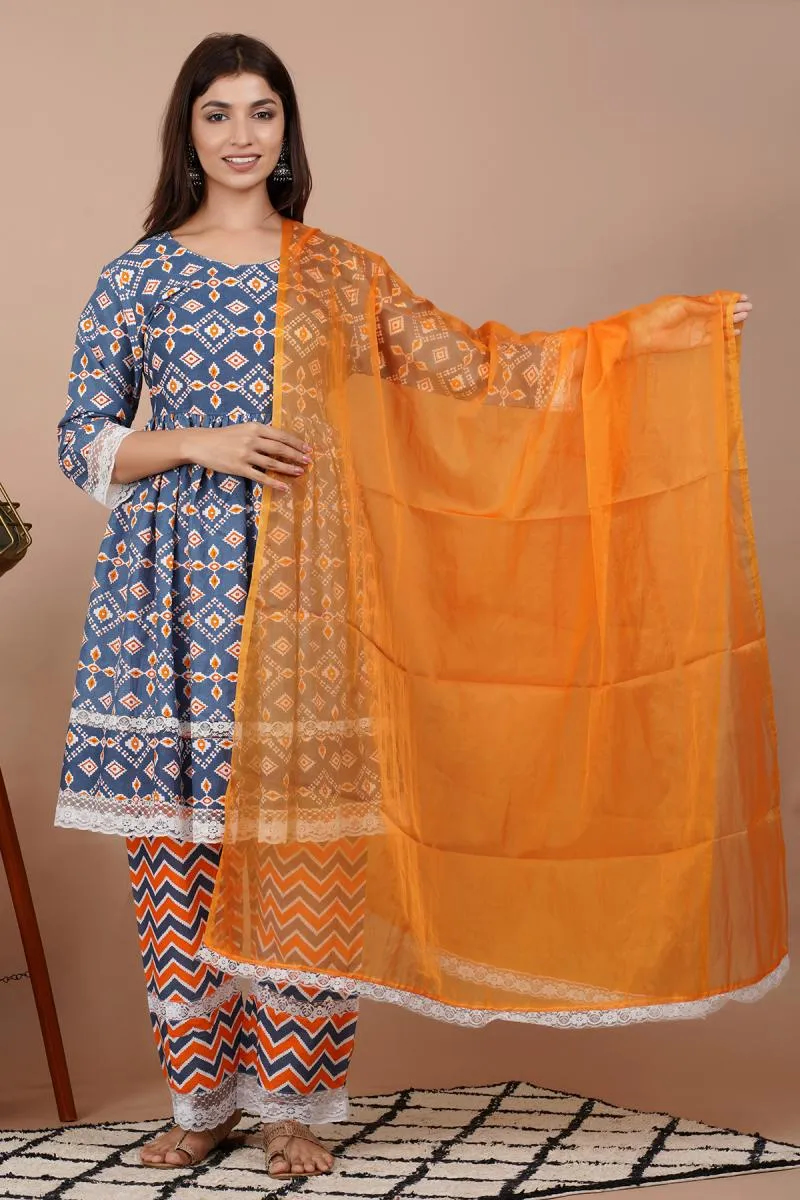 Cotton Printed Kurti with Palazzo & Dupatta Set for Women