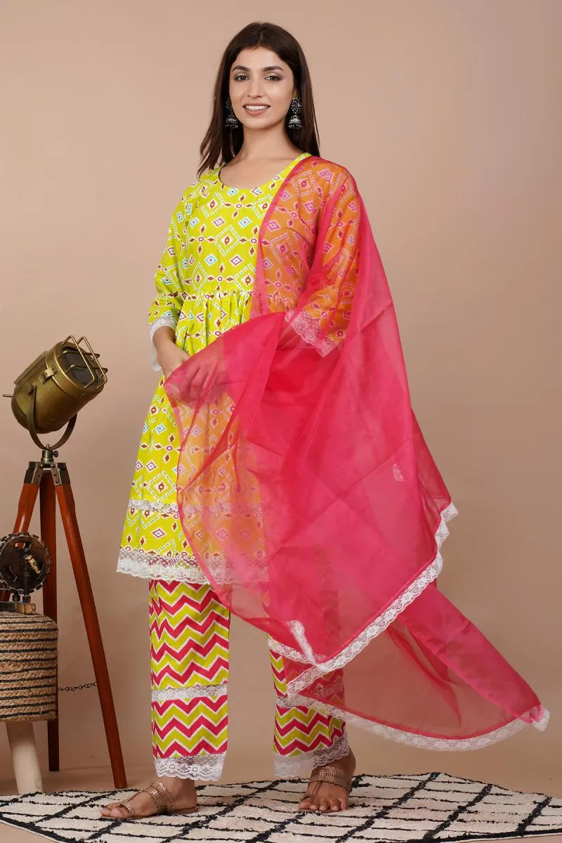 Cotton Printed Kurti with Palazzo & Dupatta Set for Women