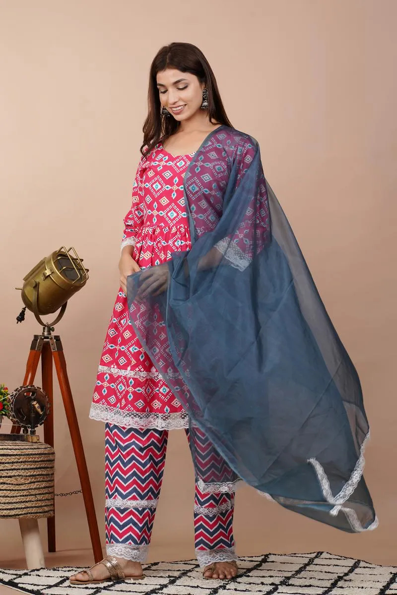 Cotton Printed Kurti with Palazzo & Dupatta Set for Women