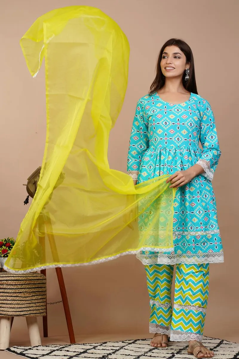 Cotton Printed Kurti with Palazzo & Dupatta Set for Women
