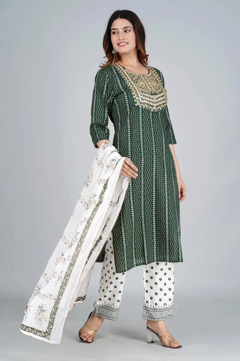 Rayon Embroidered Kurti with Palazzo & Dupatta Set for Women