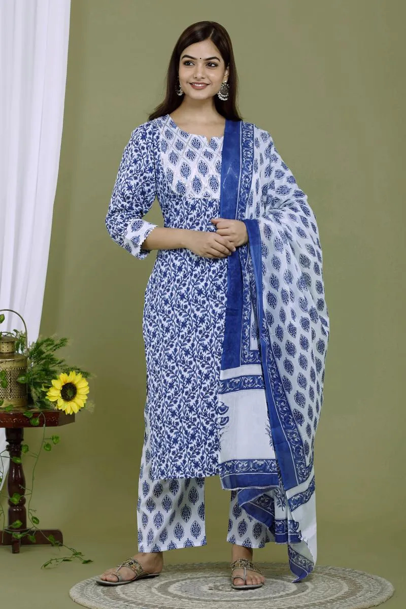 Cotton Printed Kurti with Palazzo & Dupatta Set for Women
