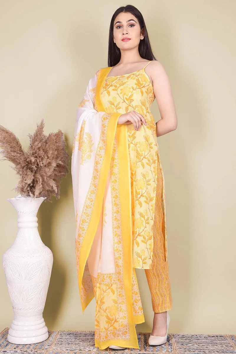 Cotton Printed Kurti with Pant & Dupatta Set for Women 