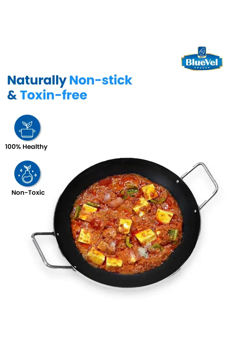 Bluevel 100% Pure Sheet Iron Kadai with Stainless Steel Handle, Seasoned, Flat Base, Toxin-free, 10 Inch, 1.7L, 0.88kg