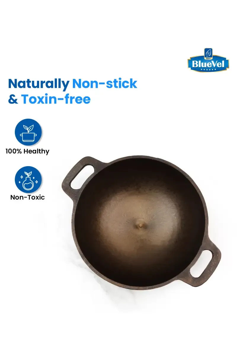 Bluevel Cast Iron Kadai, Pre-Seasoned, Nonstick, 100% Pure, Toxin-Free, Concave, 7 Inch, 0.5L, 1.06kg