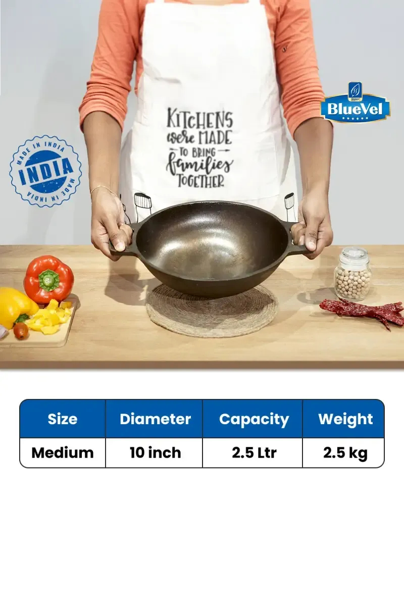 Bluevel Cast Iron Kadai, Pre-Seasoned, Nonstick, 100% Pure, Toxin-Free, Concave, 10 Inch, 2.5L, 2.5kg