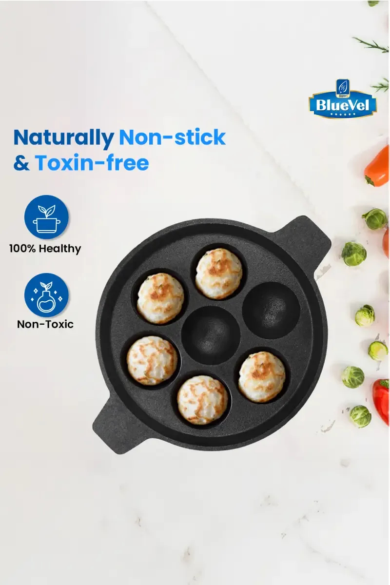 Bluevel 7 Pit/Cup Cast Iron Paniyaram/Appe Pan, Pre-Seasoned, Natural Nonstick, 100% Pure, Toxin-Free, 8 Inch, 1.4 kg