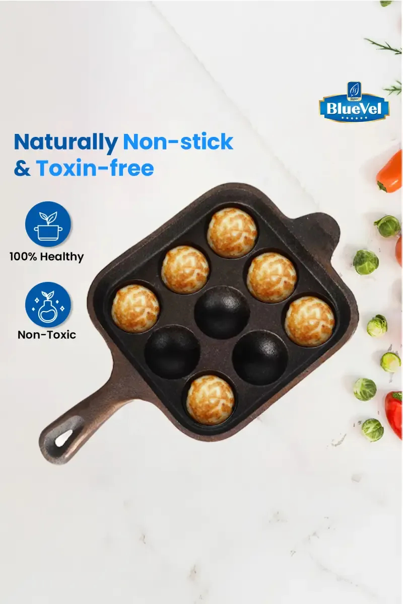Bluevel 9 Pit/Cup Cast Iron Paniyaram/Appe Pan, Pre-Seasoned, Natural Nonstick, 100% Pure, Toxin-Free, 7 Inch, 2.4 kg
