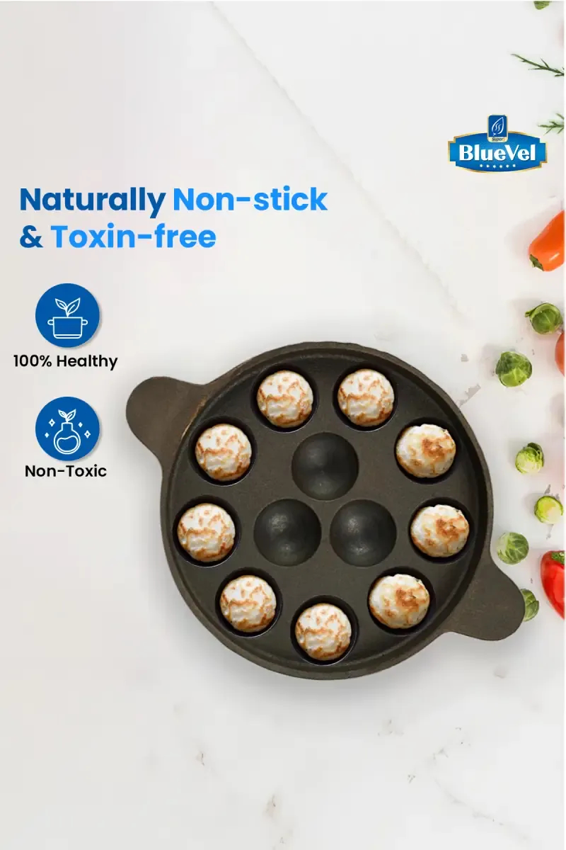 Bluevel 12 Pit/Cup Cast Iron Kuzhi Paniyaram/Paddu Pan/Appe Maker, Pre-Seasoned, 100% Pure, Toxin-Free, 9 Inch, 1.8 kg