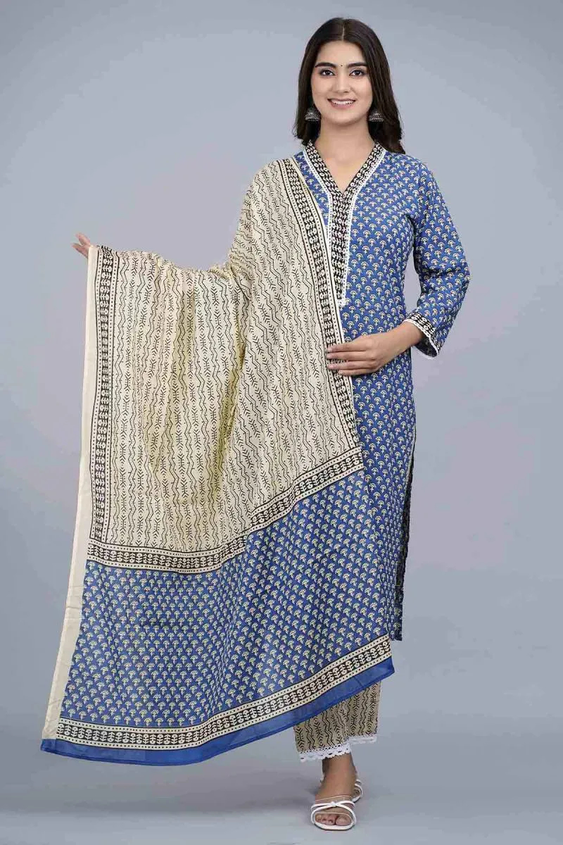 Cotton Printed Kurti with Palazzo & Dupatta Set for Women 