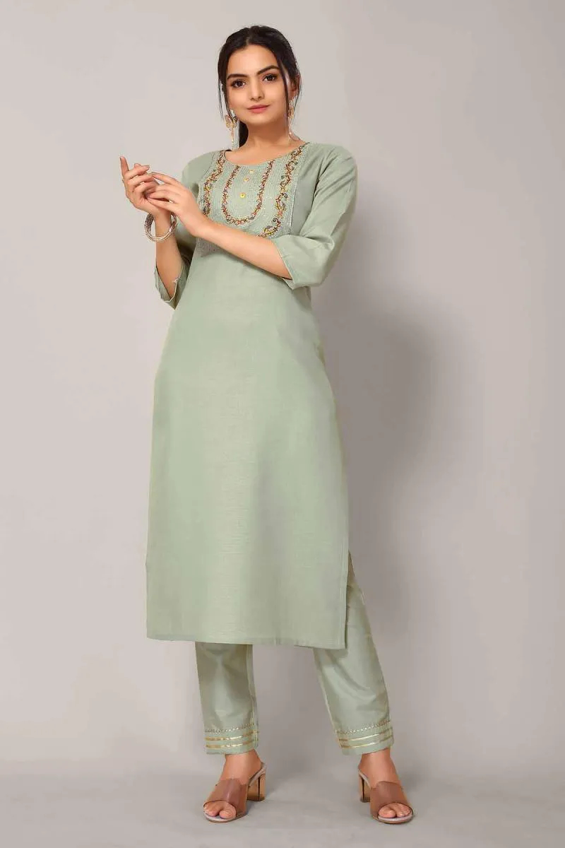 Cotton Blend Embroidered Kurti with Pant Set for Women 