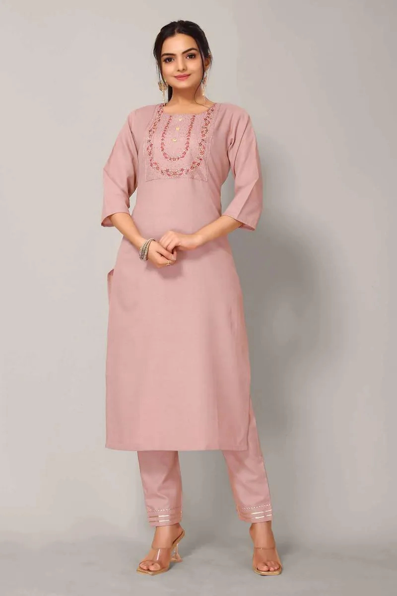 Cotton Blend Embroidered Kurti with Pant Set for Women 