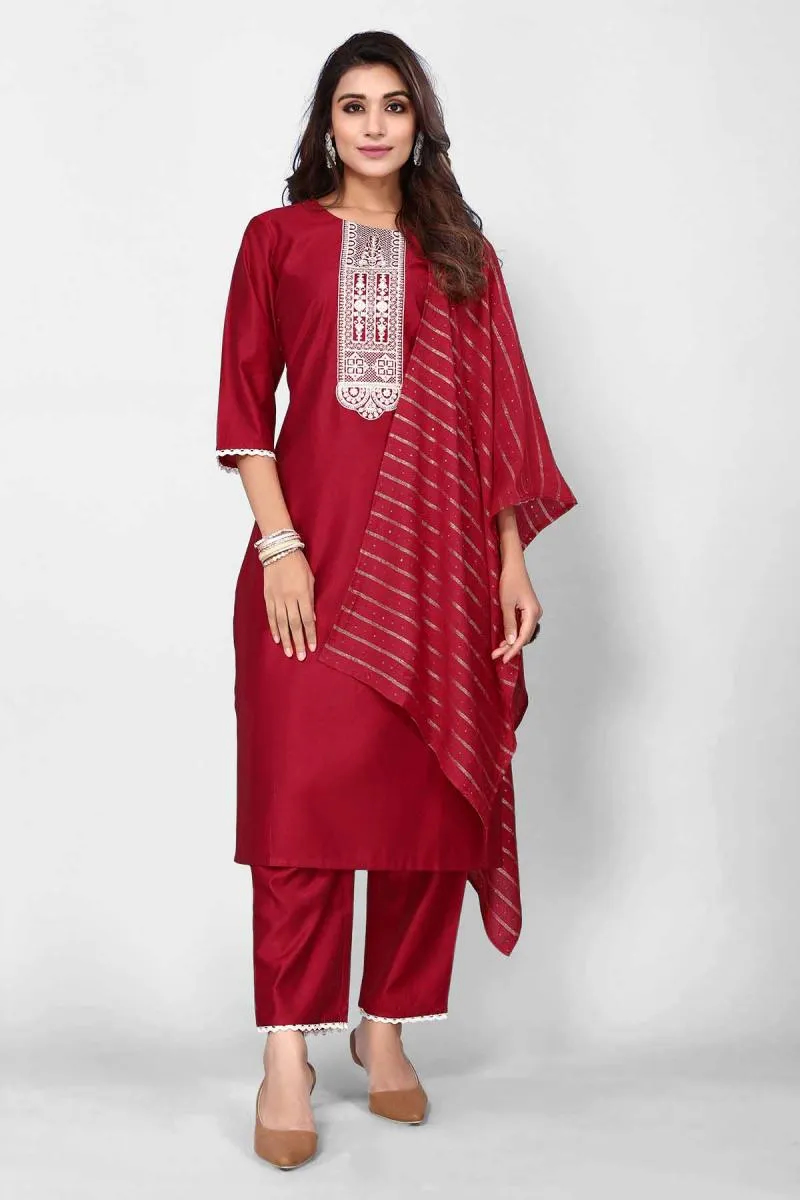 Rayon Embroidered Kurti with Pant & Dupatta Set for Women