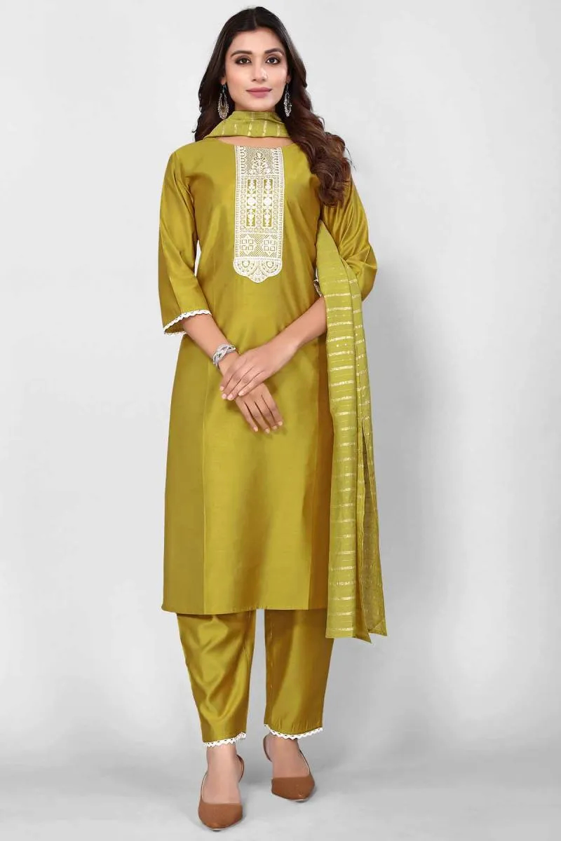Rayon Embroidered Kurti with Pant & Dupatta Set for Women