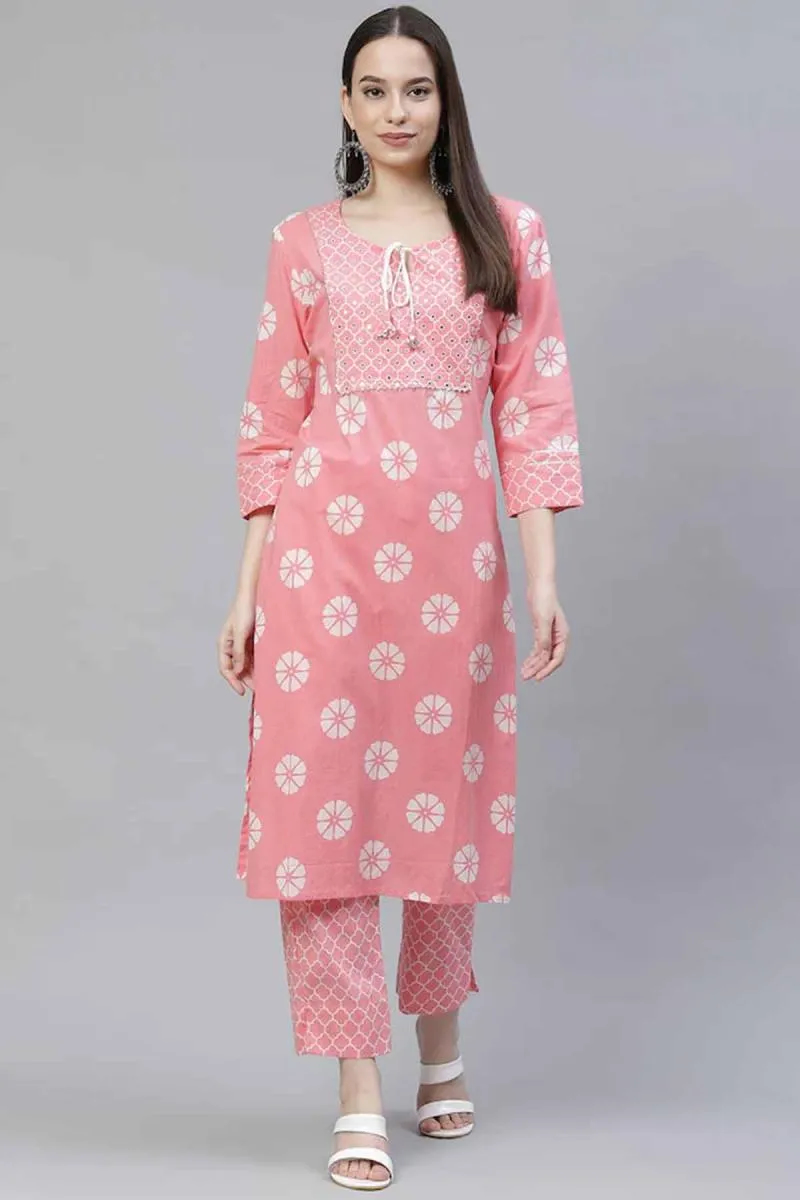 Cotton Blend Embroidered Kurti with Pant Set for Women