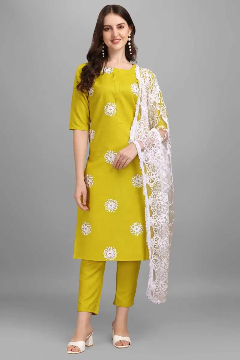 Cotton Embroidered Kurti with Pant & Dupatta Set for Women