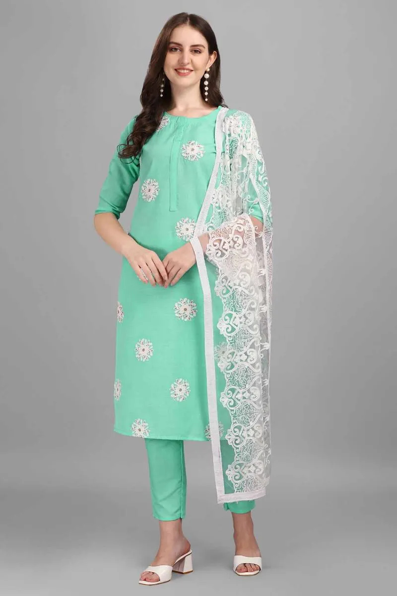 Cotton Embroidered Kurti with Pant & Dupatta Set for Women