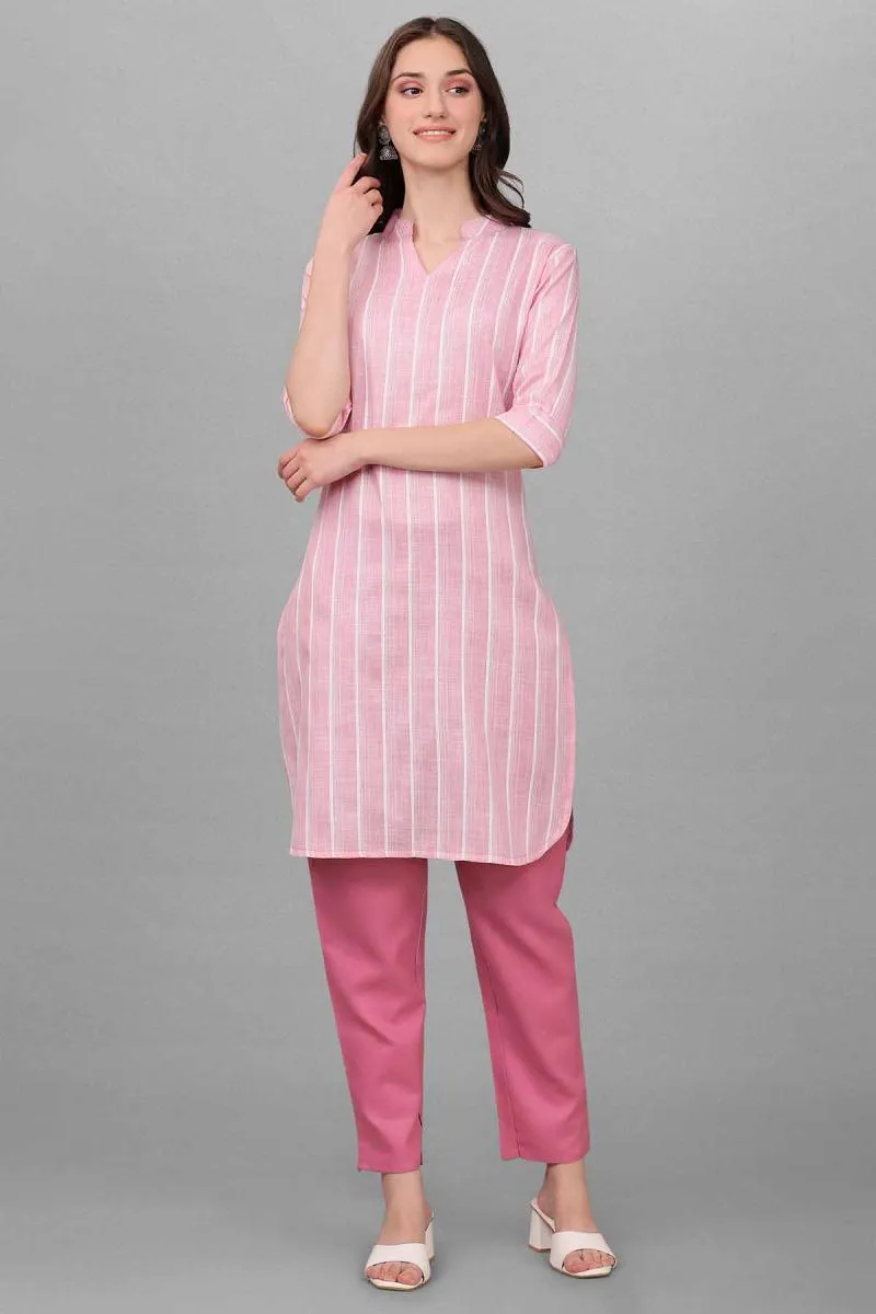 Cotton Linen Striped Kurti with Pant Set for Women