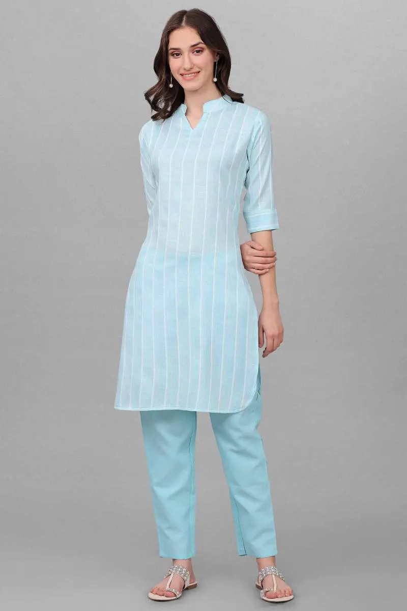 Cotton Linen Striped Kurti with Pant Set for Women