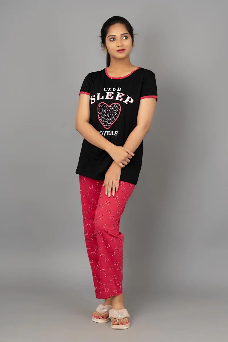 Cotton Printed T-Shirt Top with Pant Set for Women