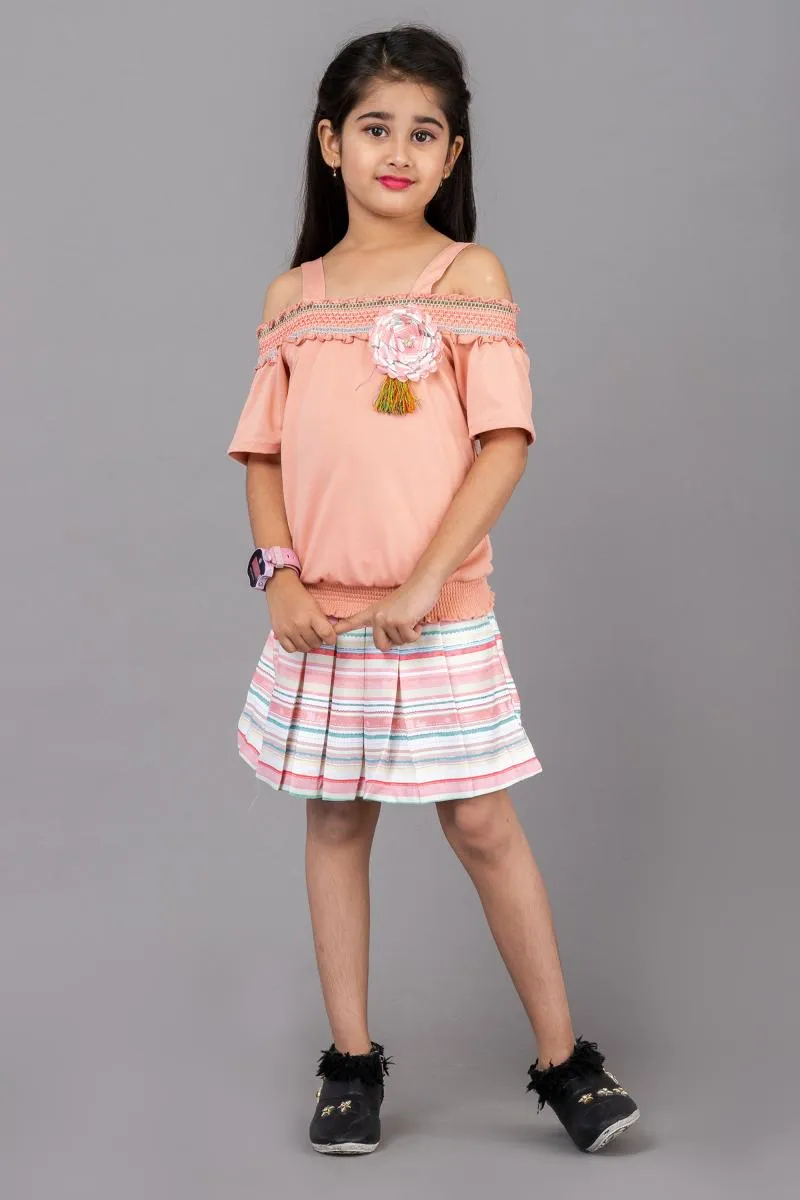 Girl's Polyester Solid Top with Striped Skirt (3 - 12 Yrs)
