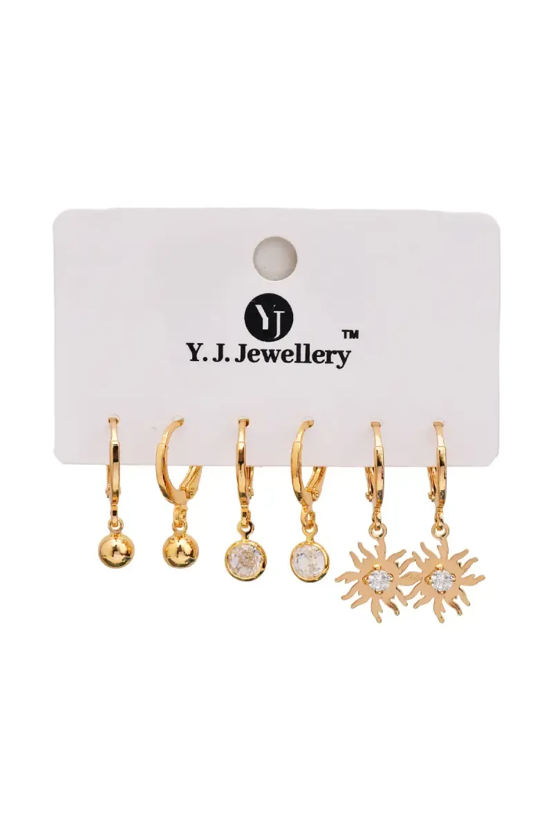 Gold Plated with White Stone  Hoop Style Earrings - Set of 3 