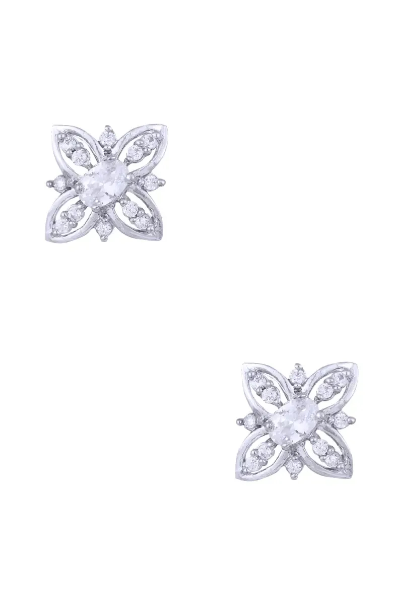 Silver Plated White Stone Flower Type  Earrings