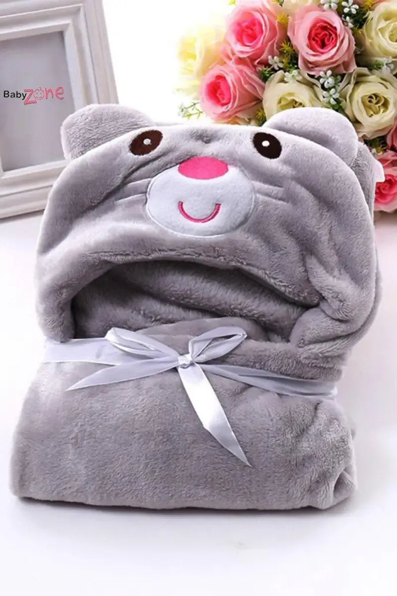 Baby Zone Coral Fleece Embroidered Crib Hooded Baby Blanket (Grey)