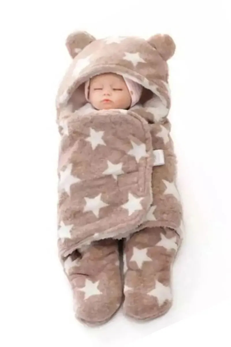 Coral Fleece Printed Hooded Baby Blanket (Beige)