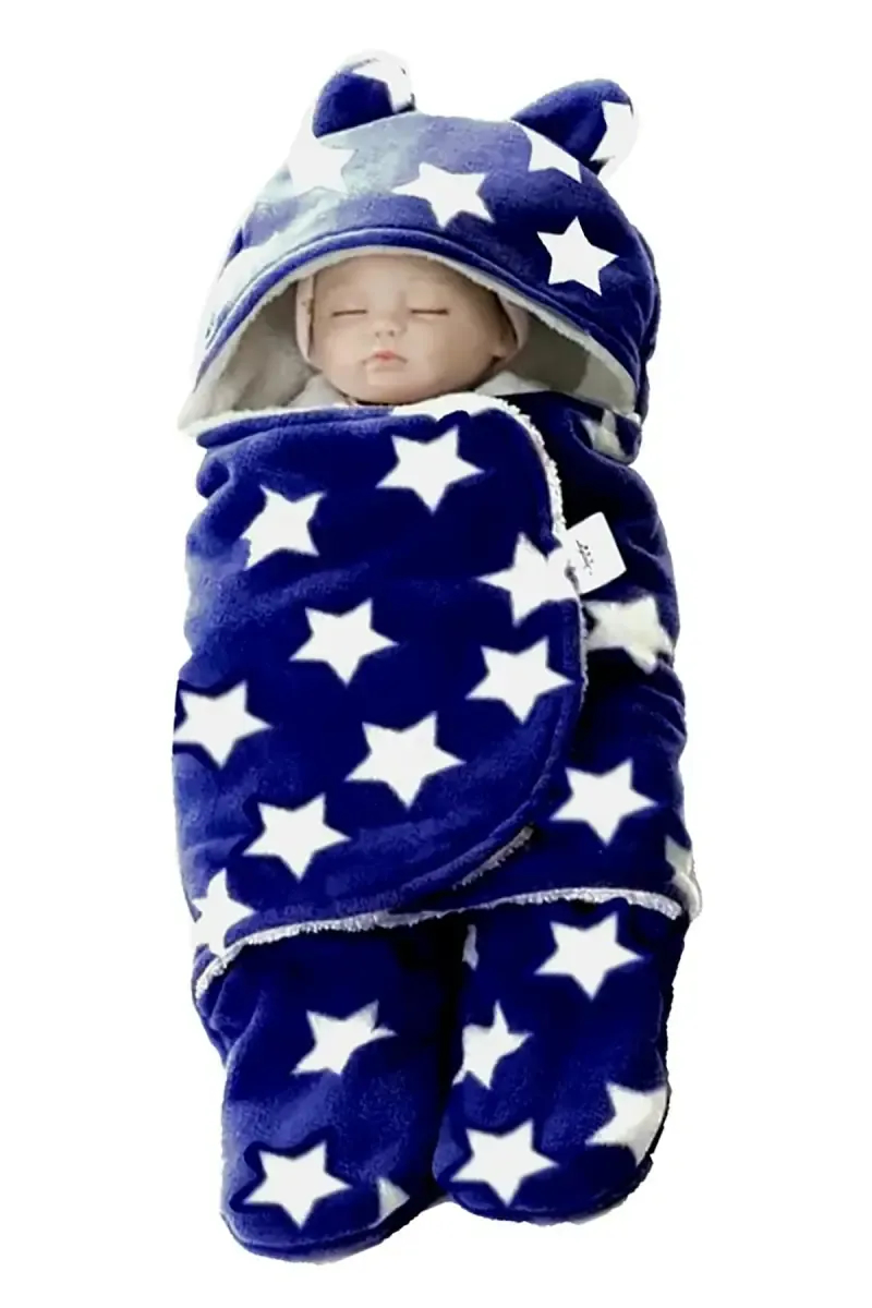 Coral Fleece Printed Hooded Baby Blanket (Royal Blue)