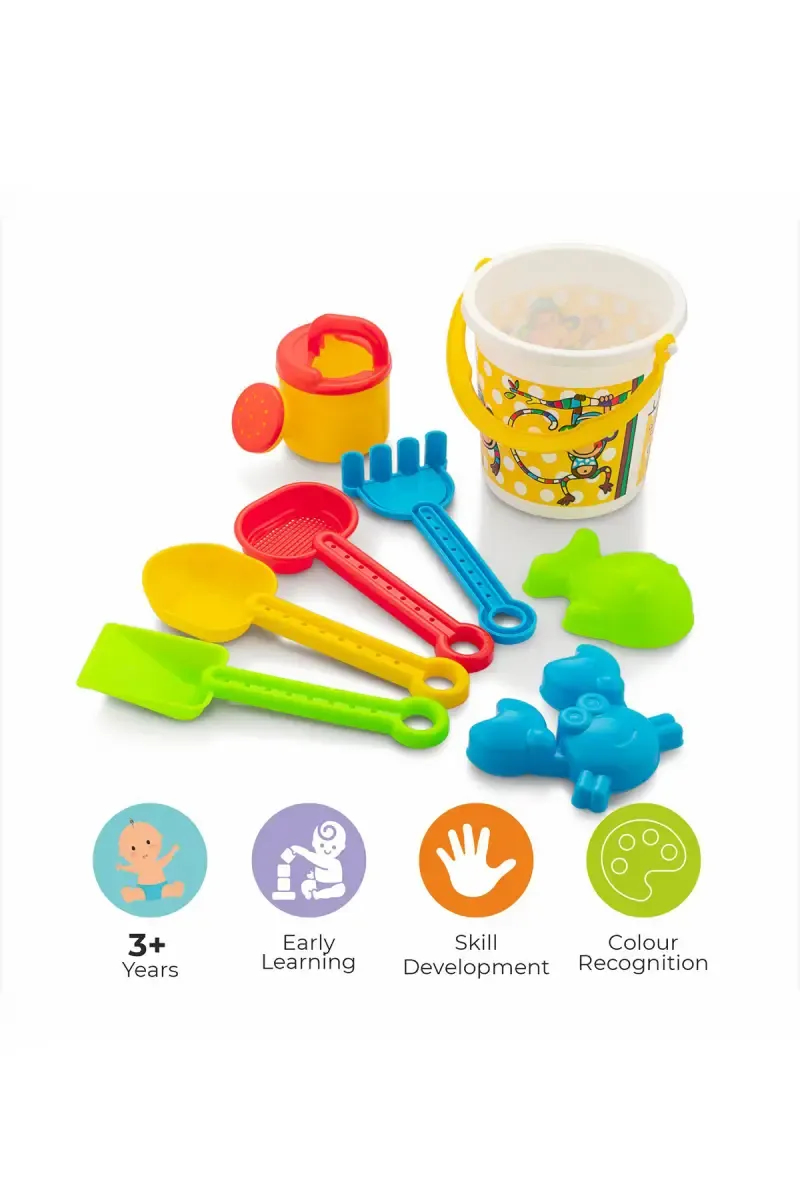 Plastic Printed Beach Toy Set - 8 Pcs (Bucket Color May Vary )