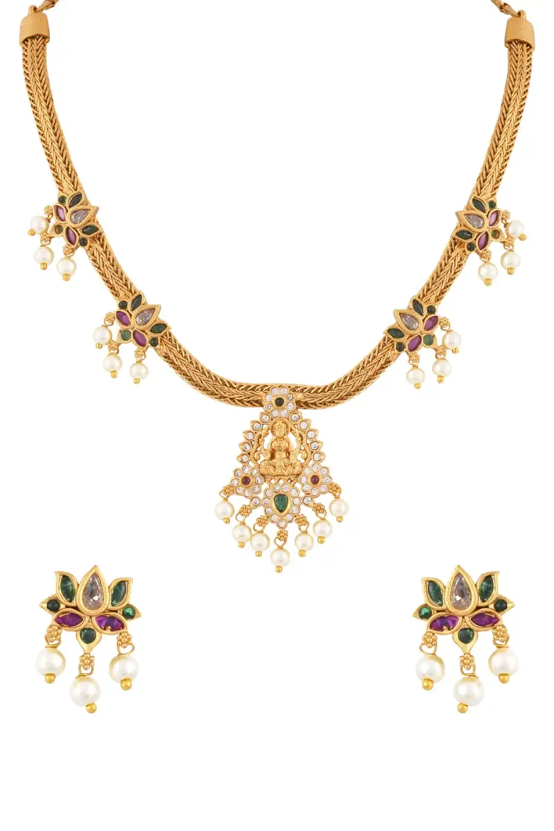 Lotus with Lakshmi Design Necklace with Earrings Set for Women