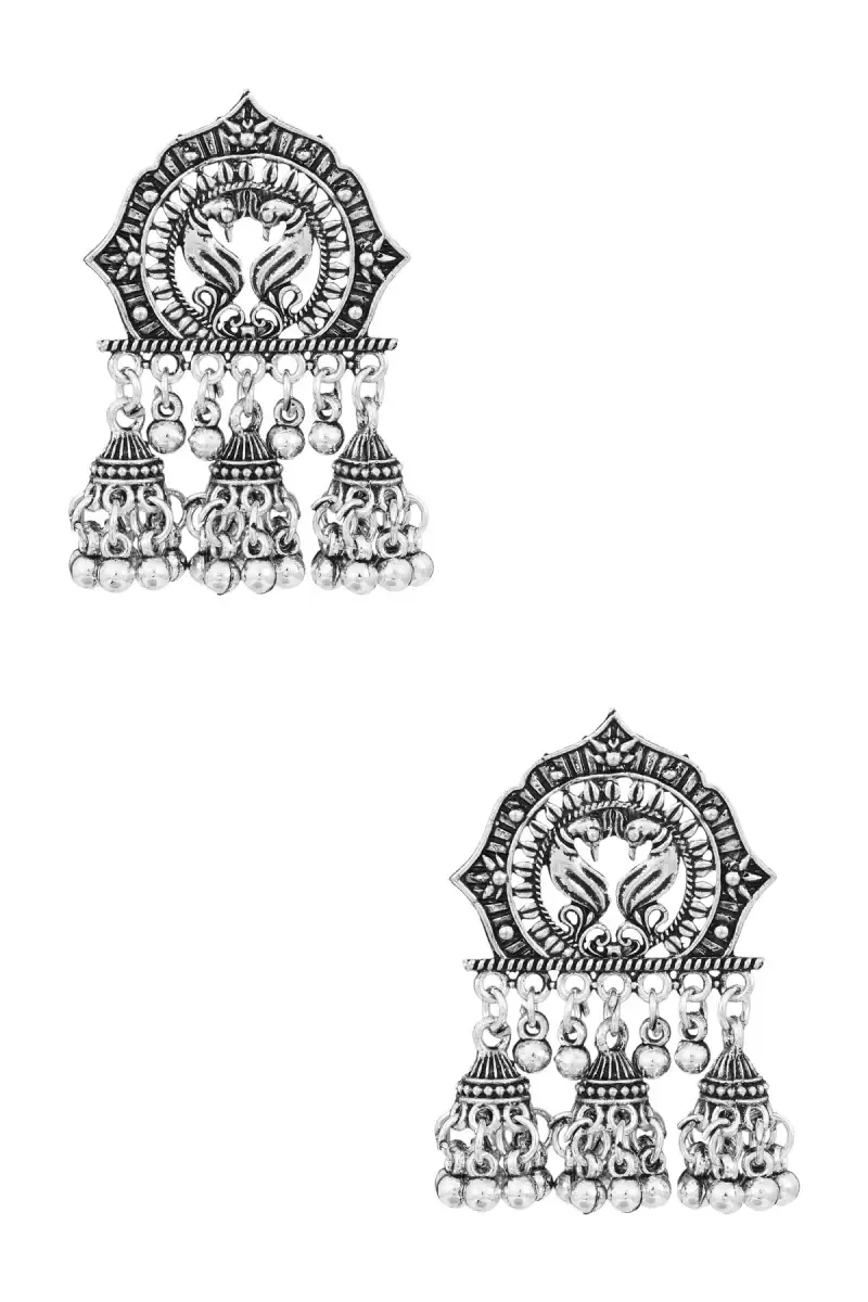 Oxidised Silver Peacock Design Jhumki Earrings for Women