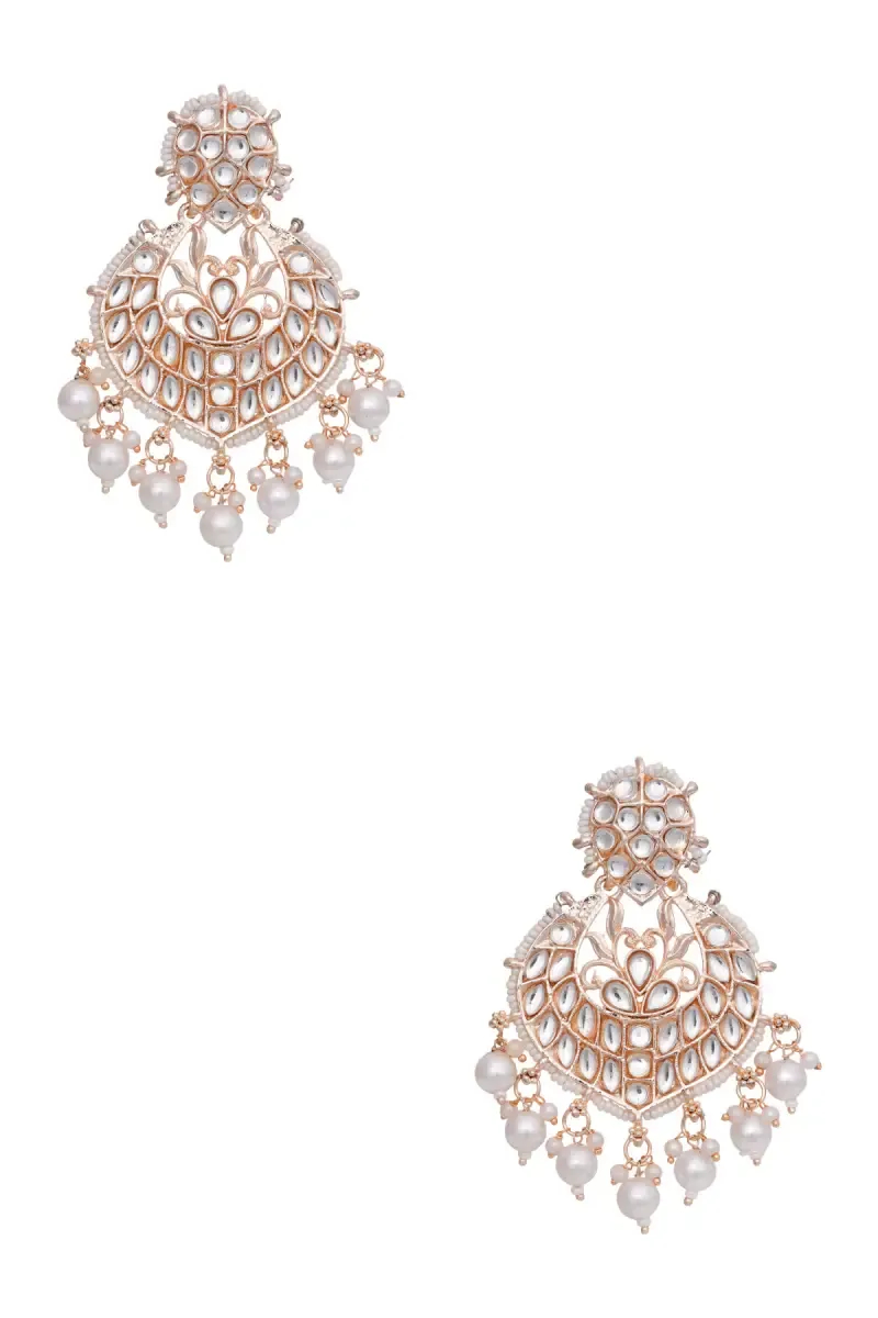 Gold Kundan Pearls Studded Chand Bali Earrings for Women