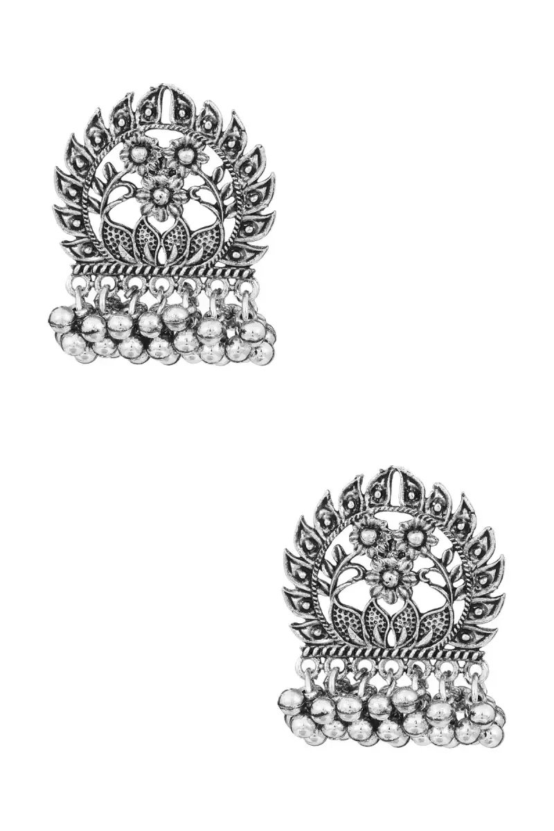 Oxidised Silver Floral Design Chand Bali Earrings for Women
