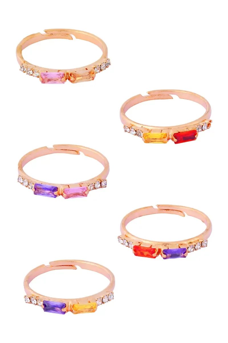 Rose Gold Coloured Stone Rings - Set of 5