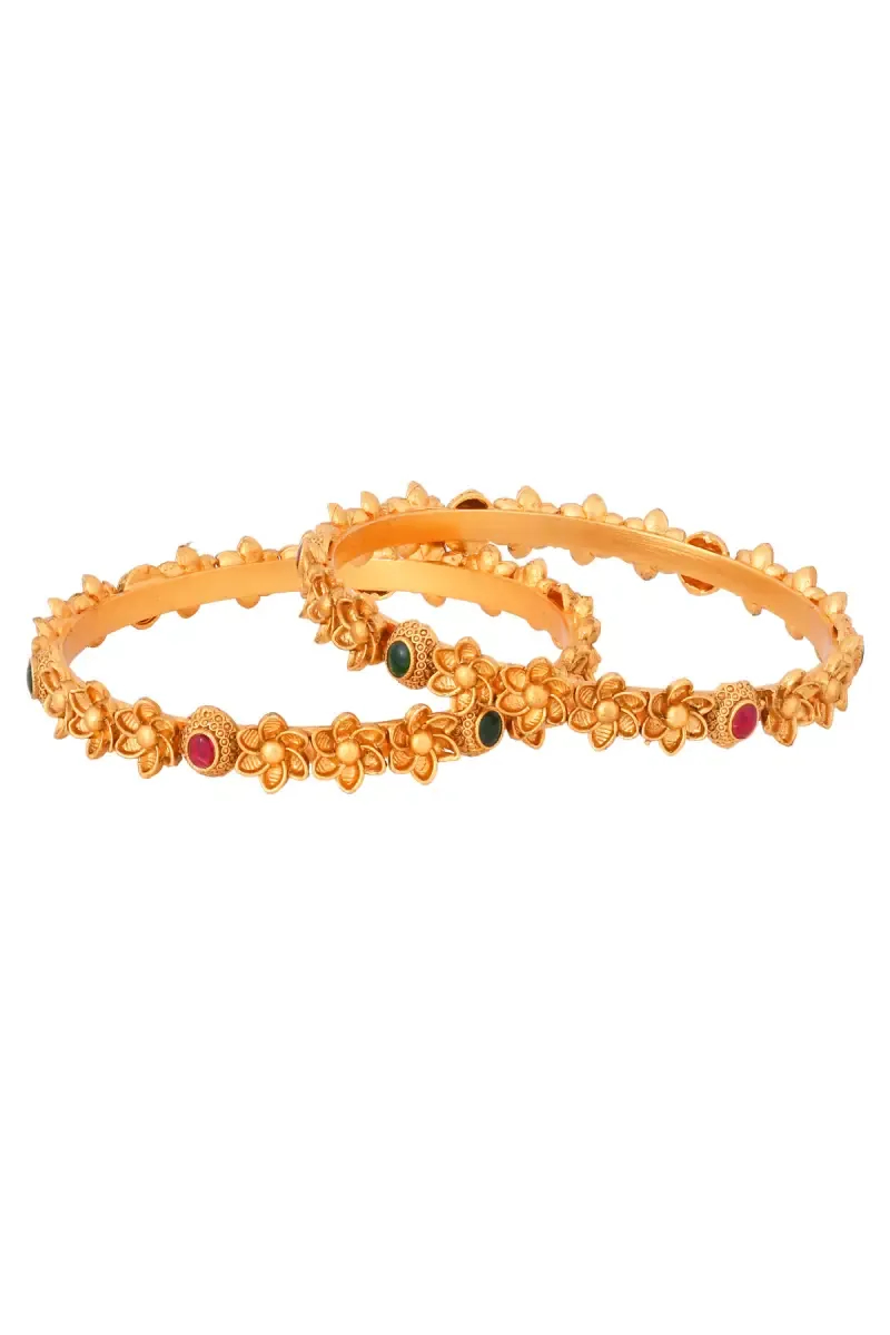 Matte Antique Finish Gold Plated Floral Design Bangles for Women - Set of 2