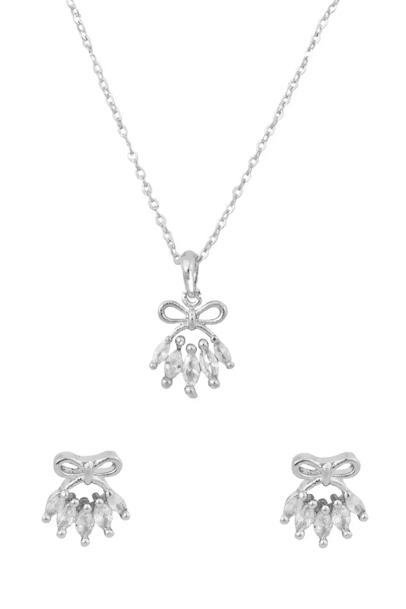 Silver Bow Pendant Necklace & Earrings Set for Women