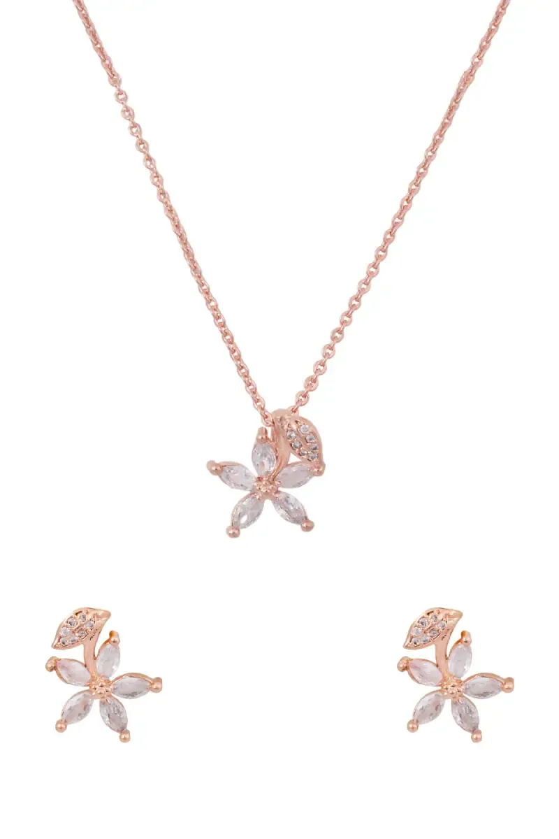 Rose Gold Floral Necklace & Earrings Set for Women