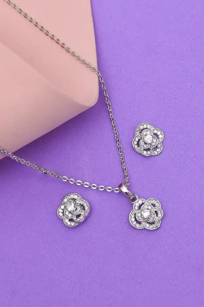 Silver Plated Floral Pendant Necklace Set for Women