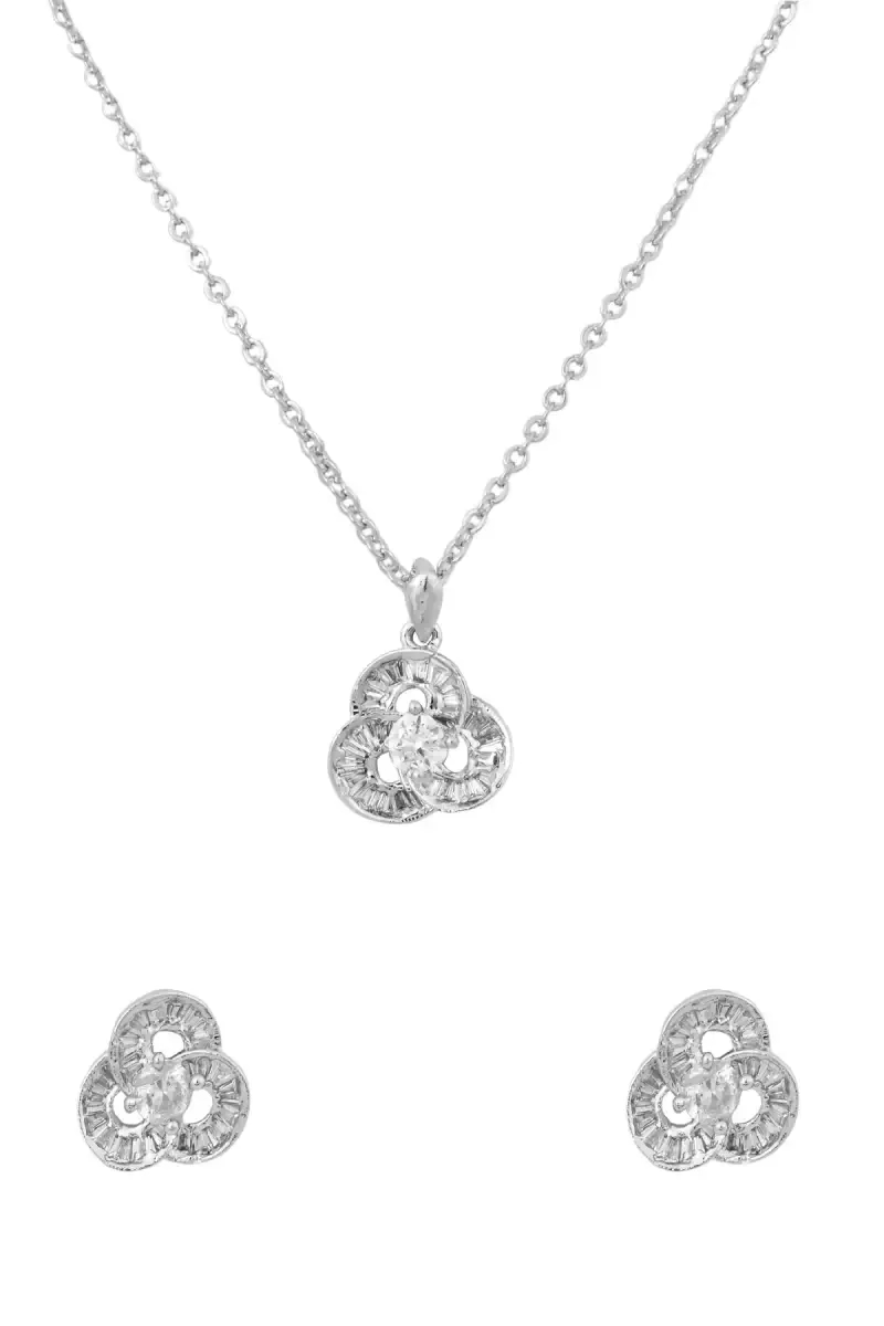3 Petal Silver Pendant Necklace Set for Women