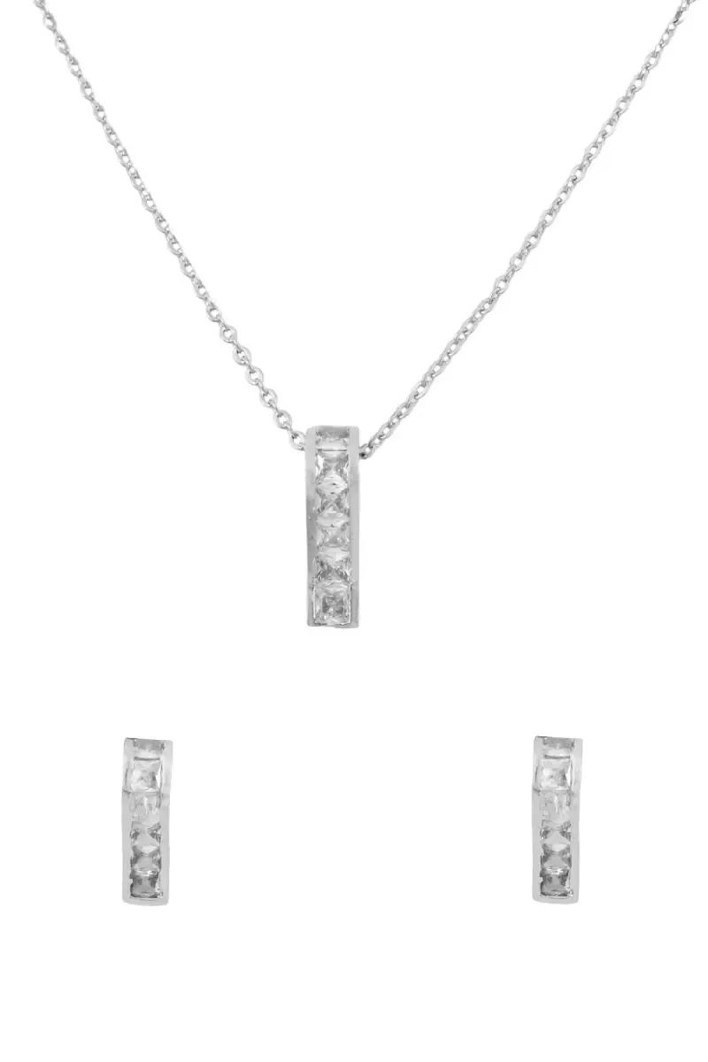 Elegant Silver Bar Pendant Necklace & Earring Set for Women
