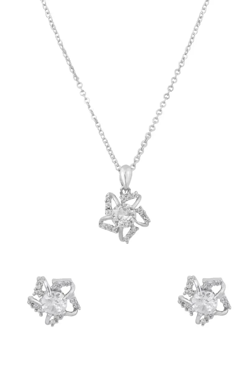 Silver Floral Pendant Necklace with Earrings Set for Women