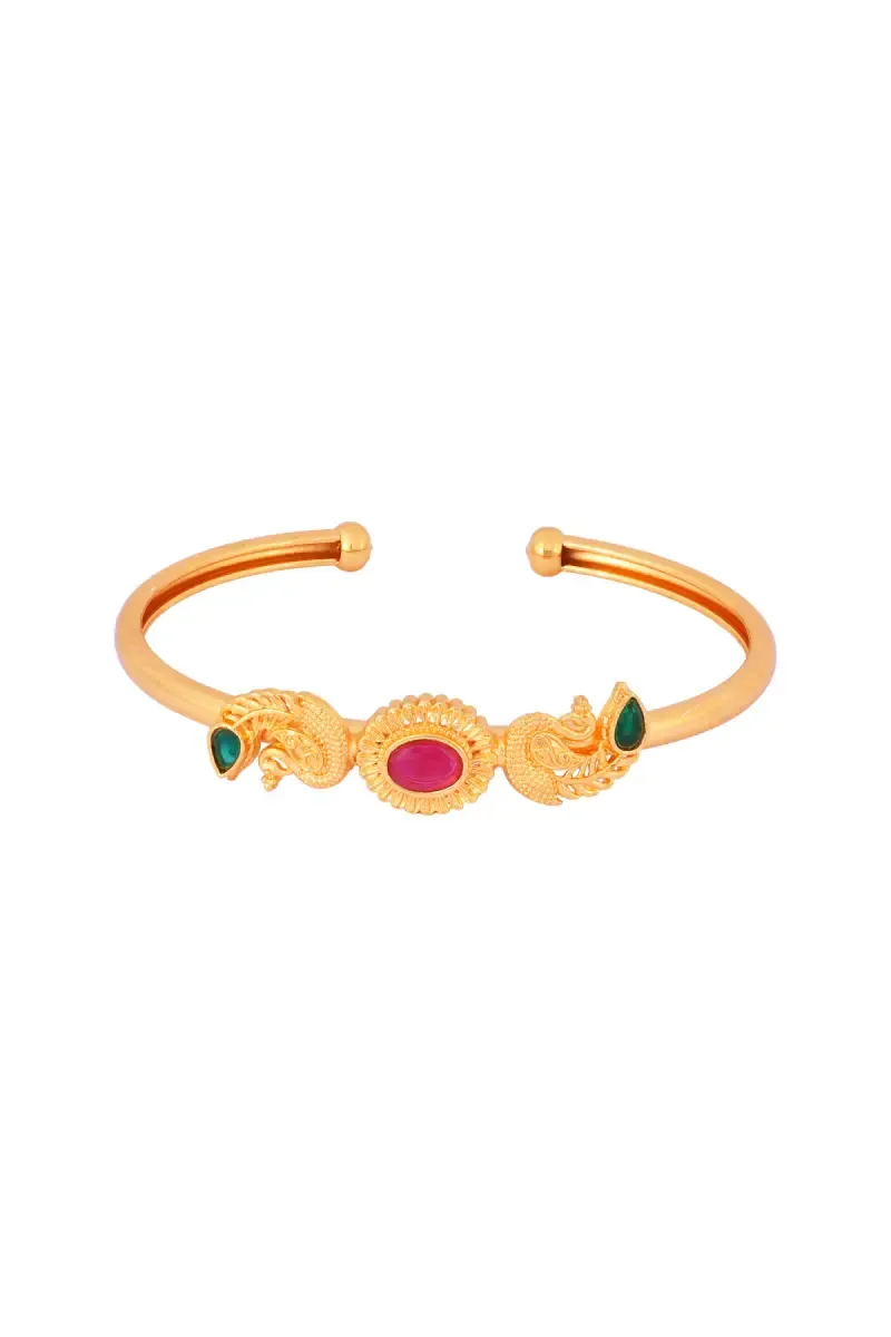 Antique Gold Plated Floral with Peacock Cuff Bracelet for Women