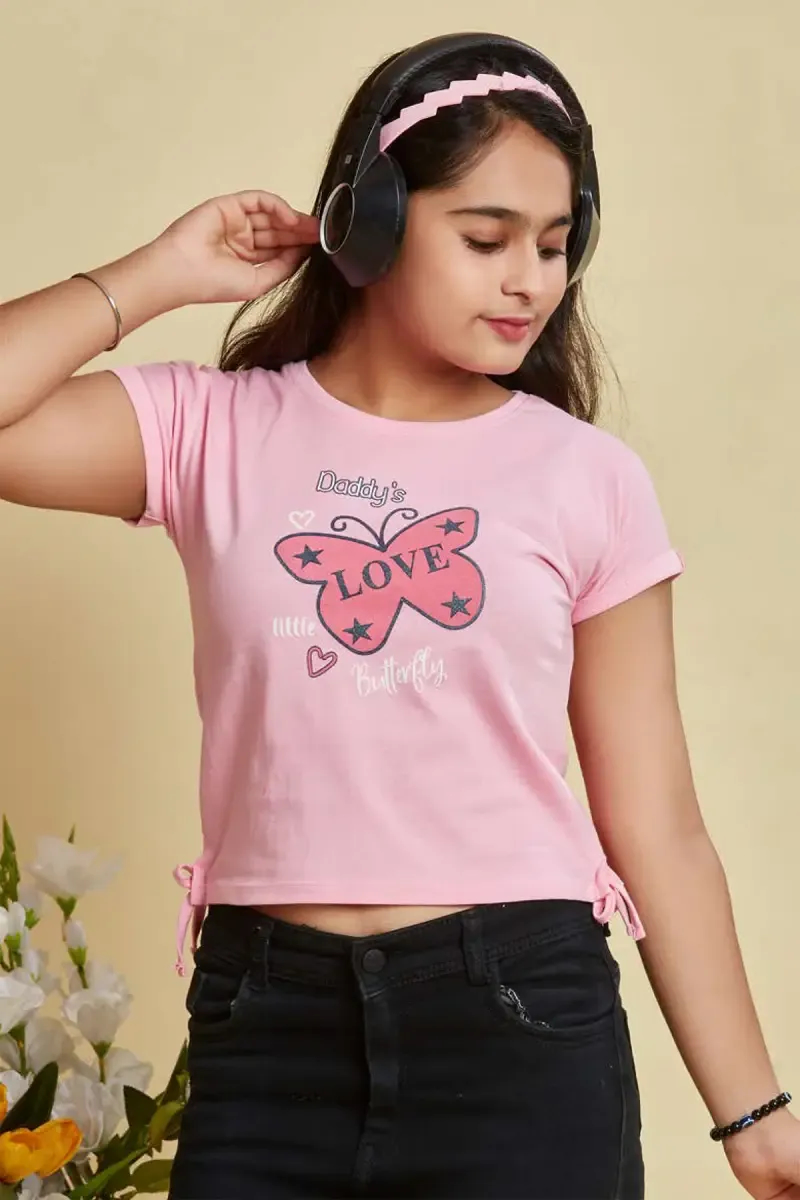 Cotton Hosiery Printed Crop T-Shirt for Girl (2 - 12 Yrs)